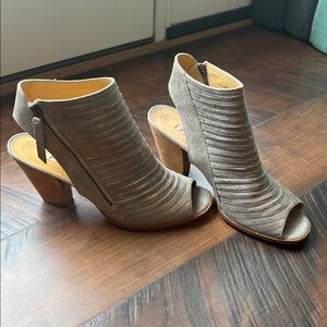 Paul Green Taupe Suede Open-Toe Booties with Stacked Heels